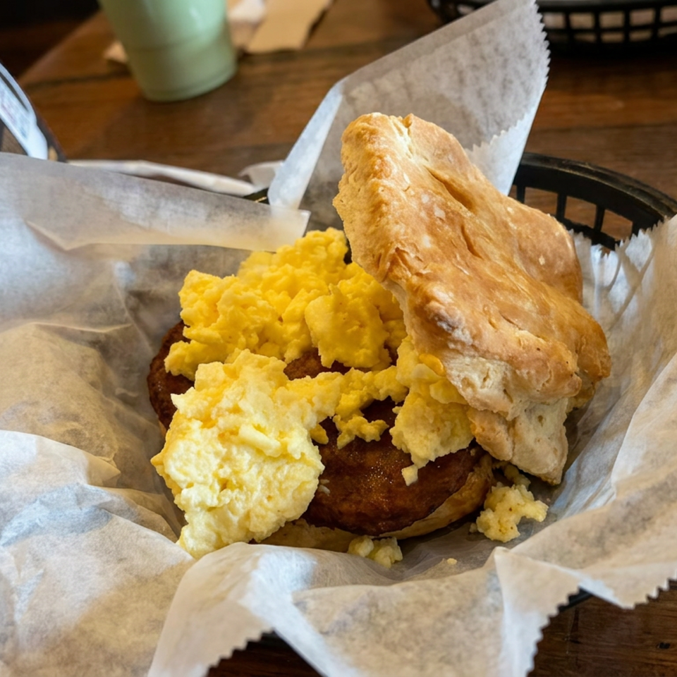 Basket of scrambled eggs and a flaky biscuit served over a browned breakfast patty on a wooden restaurant table.