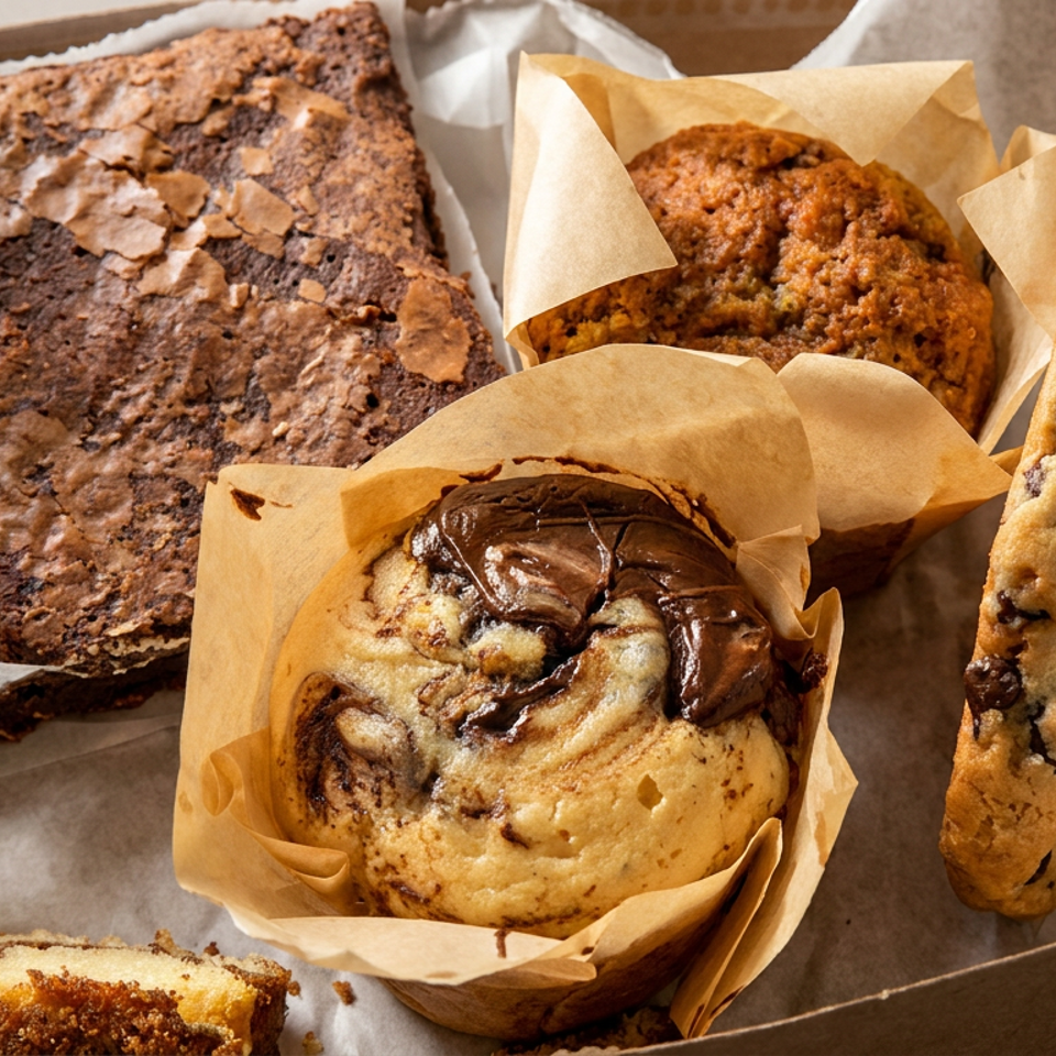 Open pastry box filled with chocolate brownies, muffins, oversized chocolate-chip cookies, and a crumb-coated dessert bar.