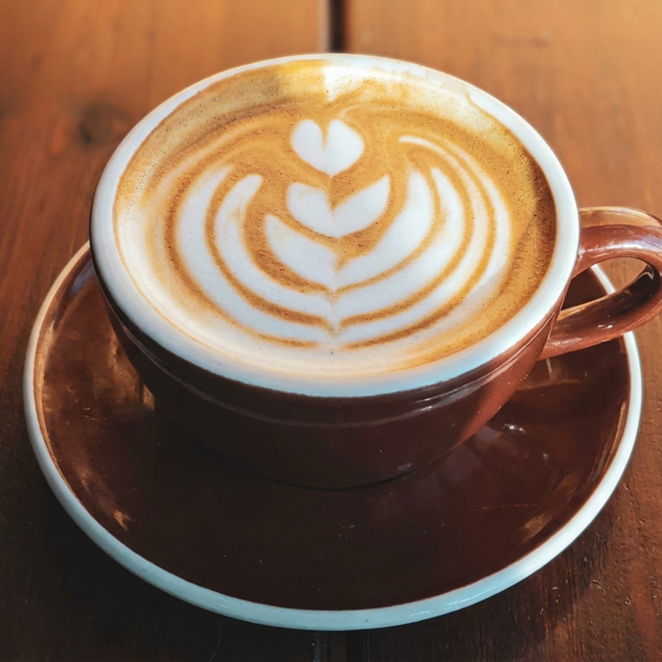 A cup of latte with heart-shaped foam art sits on a matching saucer atop a warm wooden table.