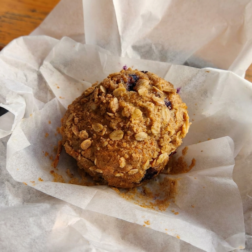 Crumb-topped blueberry muffin served on parchment paper atop a rustic wooden table.