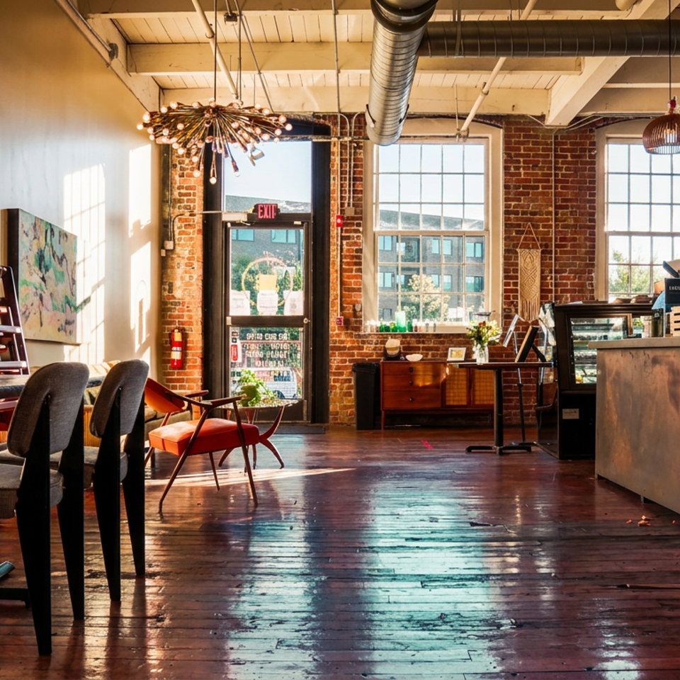 Sunlit industrial restaurant interior with exposed brick walls, wooden tables, upholstered chairs, pendant lights, and a refrigerated display case.