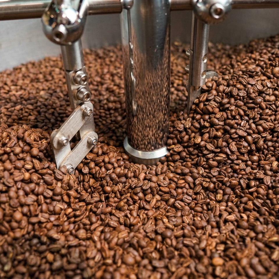 Roasted coffee beans fill a metal drum roaster surrounding its central mixing paddle and shaft.