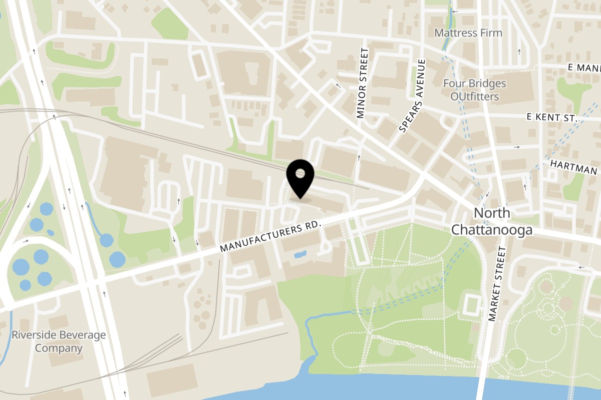 Map showing the location of Mean Mug Coffeehouse Northshore on 205 Manufacturers Rd Ste 109 in Chattanooga